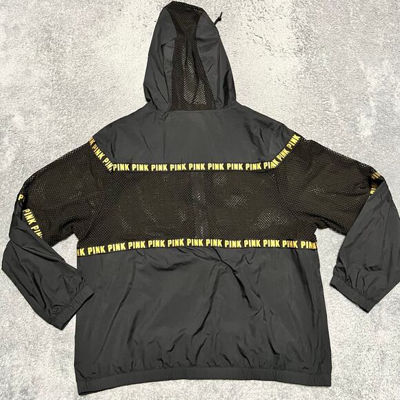 Pink By VS Jacket Womens Medium Full Zip Black Hooded Windbreaker Mesh Jacket - Picture 3 of 8